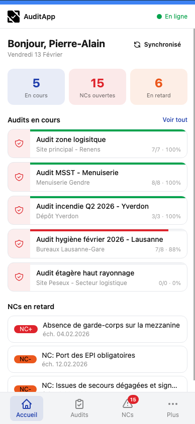 Tableau de bord AuditApp — liste des audits en cours