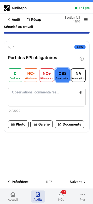 Évaluation d'un point de contrôle — C, NC-, NC+, OBS, NA
